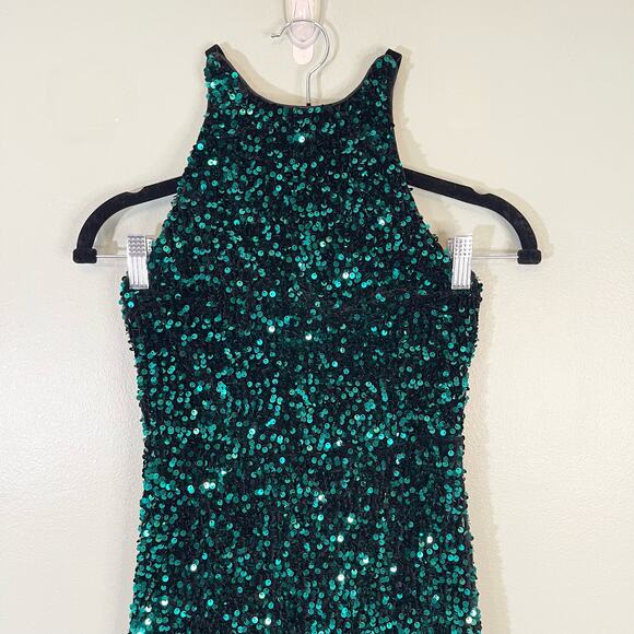 Love & Lemonade Green Sequin Dress Lace Up Backless Mermaid Maxi size XS NWT - Picture 5 of 15